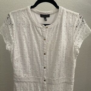 The Limited White Lace Short Sleeve Midi Dress with Gold Buttons